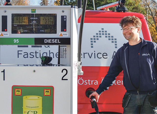 Tommy Larsson, Östra Ämtervik, är först ut någonsin att Gun och Lennart Möller har fyllt sin tank med diesel. Här står bilarna på kö. fylla diesel från en tank på orten.